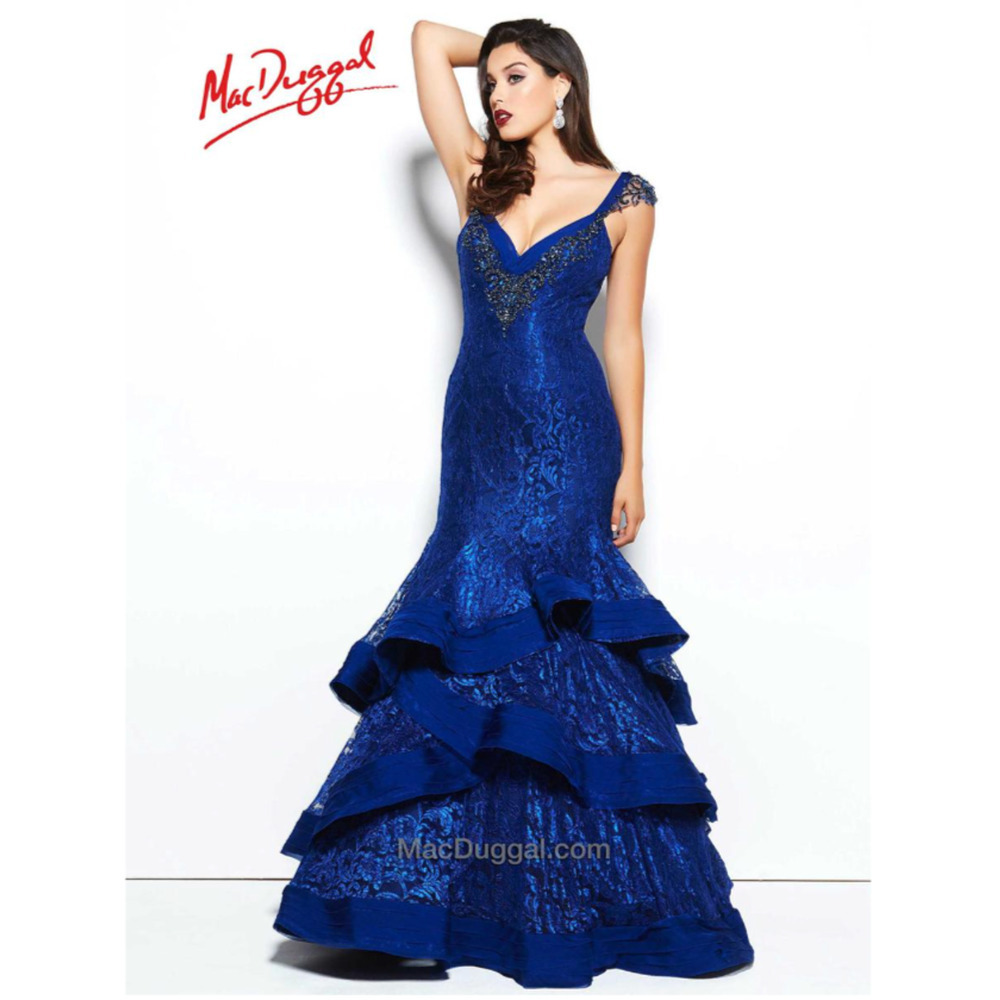 Mac Duggal Iridescent Ruffle Sequin Beads Ruffle Maxi Mermaid Lace 10 Blue Dress